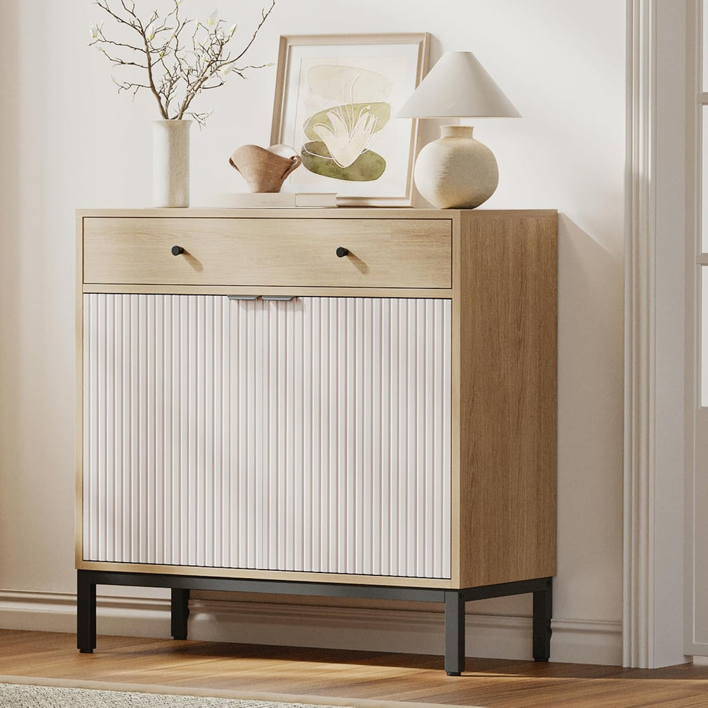 Mericonia Farmhouse Buffet Sideboard Cabinet with Storage, Fluted Coffee Bar with Doors and Adjustable Shelves, Modern Wood Cabinet for Kitchen, Livingroom (Fluted 2 Door, Oak & White)