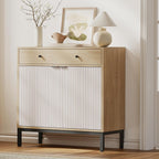 Mericonia Farmhouse Buffet Sideboard Cabinet with Storage, Fluted Coffee Bar with Doors and Adjustable Shelves, Modern Wood Cabinet for Kitchen, Livingroom (Fluted 2 Door, Oak & White)