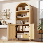IDEALHOUSE Arched Kitchen Pantry Cabinet with Doors - 5-Tier Open Display Shelf with Rattan Decor, Farmhouse Storage Cabinet for Kitchen, Dining Room, Living Room, Natural