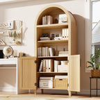 Garvee Arched Kitchen Pantry Storage Cabinet - 5-Tier Open Display Shelf with Rattan Decor, Farmhouse Storage Cabinet for Kitchen, Dining Room, Living Room, Natural