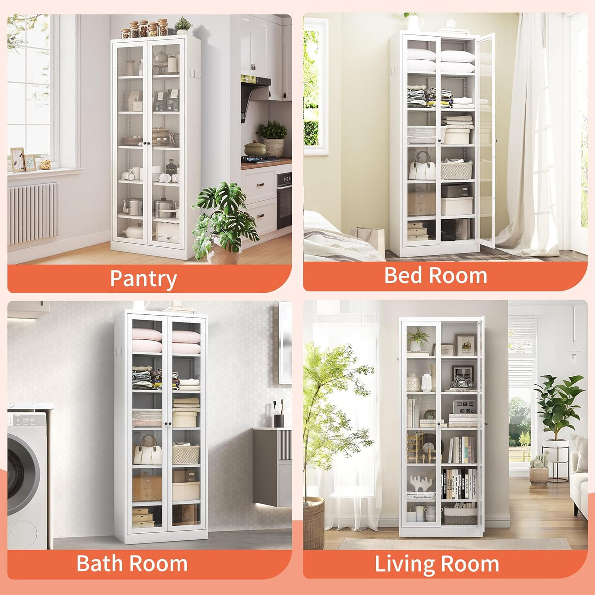 IKIMI 72" Metal Storage Cabinets with Glass Doors and 5 Shelves,White Kitchen Pantry Cabinet,Freestanding Steel Cupboard Display Cabinets for Kitchen,Living,Dining Room,Bathroom,Assembly Required