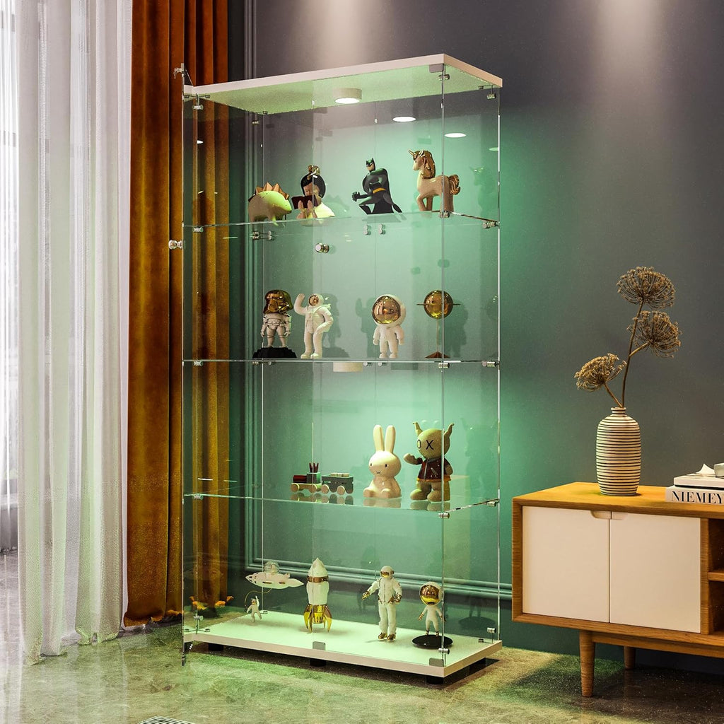 FANYUSHOW Display Cabinet with Glass Door and LED Light, 4-Tier Tempered Glass Display Shelf, Glass Curio Cabinet Collection Display Case, Display Case Cabinet, White 64" H x 32" L x 14" W