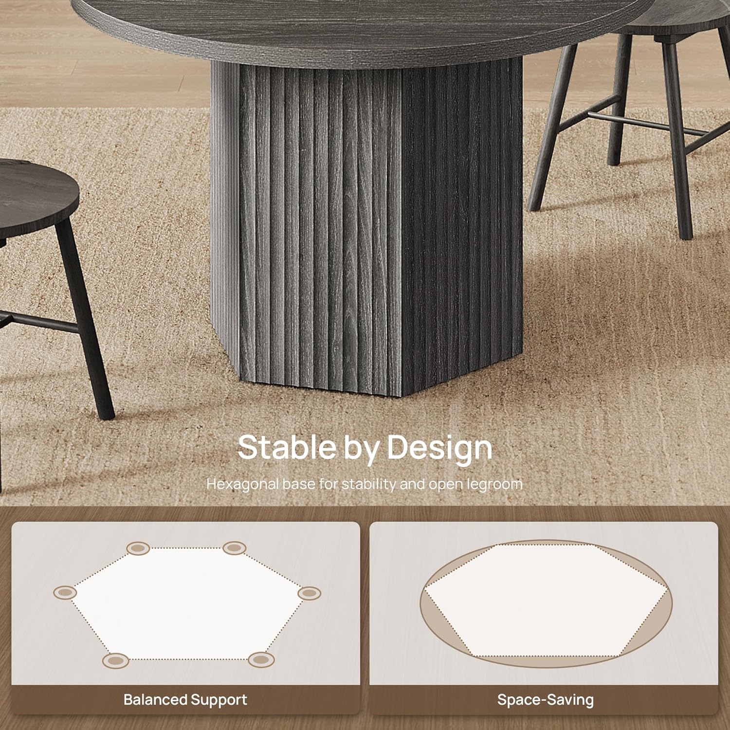 SICOTAS Round Dining Table for 4 6 People 47" Fluted Kitchen Dinner Table Modern Wooden Circle Dining Room Table with Sturdy Base for Dining Room Kitchen Living Room, Dark Grey Alder