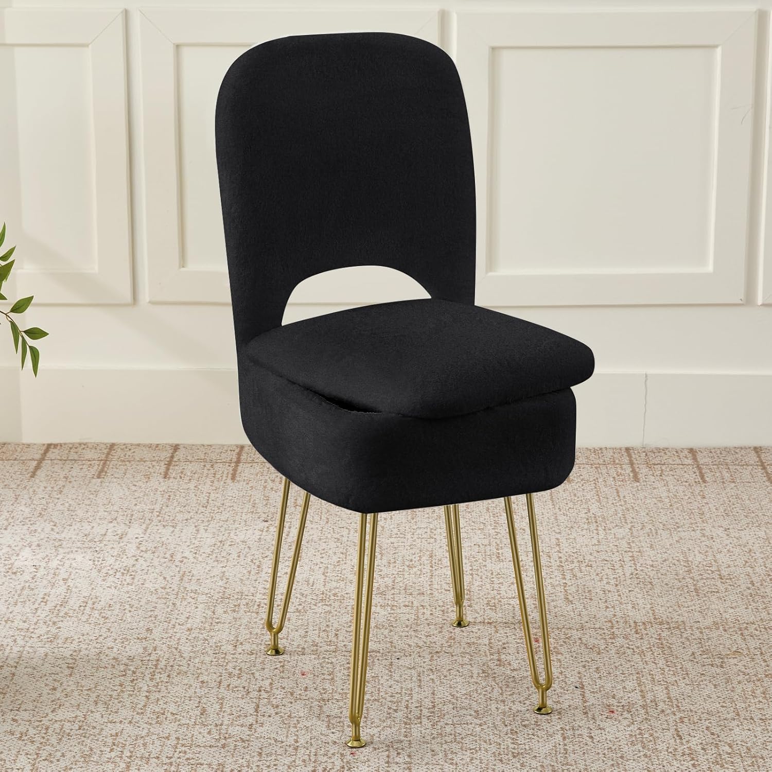 BRIAN & DANY Vanity Chair with Storage and Folding Back, Faux Fur Square Storage Chair, Vanity Stool Chair with 4 Metal Legs for Bedroom, Living Room and Makeup Stations, 13.4"x 15"x 30", Black