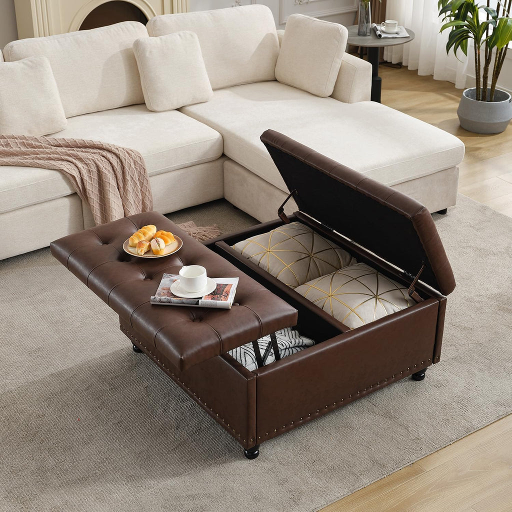 Tbfit 35.5" Large Square Storage Ottoman Bench, Tufted Upholstered Coffee Table Ottoman with Lift Top & Wooden Legs, Oversized Storage Ottomans Toy Box for Living Room (Dark Brown)
