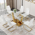 Glass Dining Table Set for 6, Modern Kitchen Table Set for 6, 71" Tempered Glass Tabletop with U-Shaped Gold Base, 7 Ppiece Large Dining Room Table Set with White PU Leather Chairs
