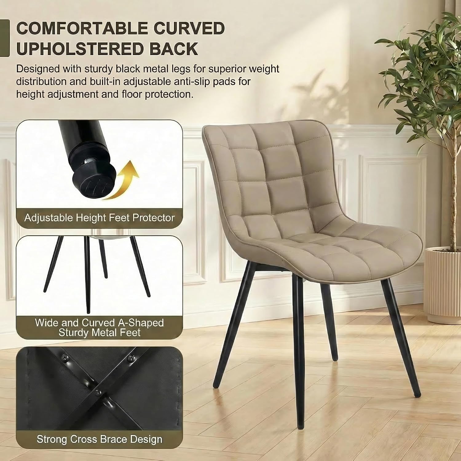 YOUTASTE Khaki Dining Chairs Set of 2, Comfy Faux Leather Upholstered Kitchen Chairs with Black Metal Legs, Mid-Century Modern Design, Accent Chair for Dining Room, Bedroom, Reception