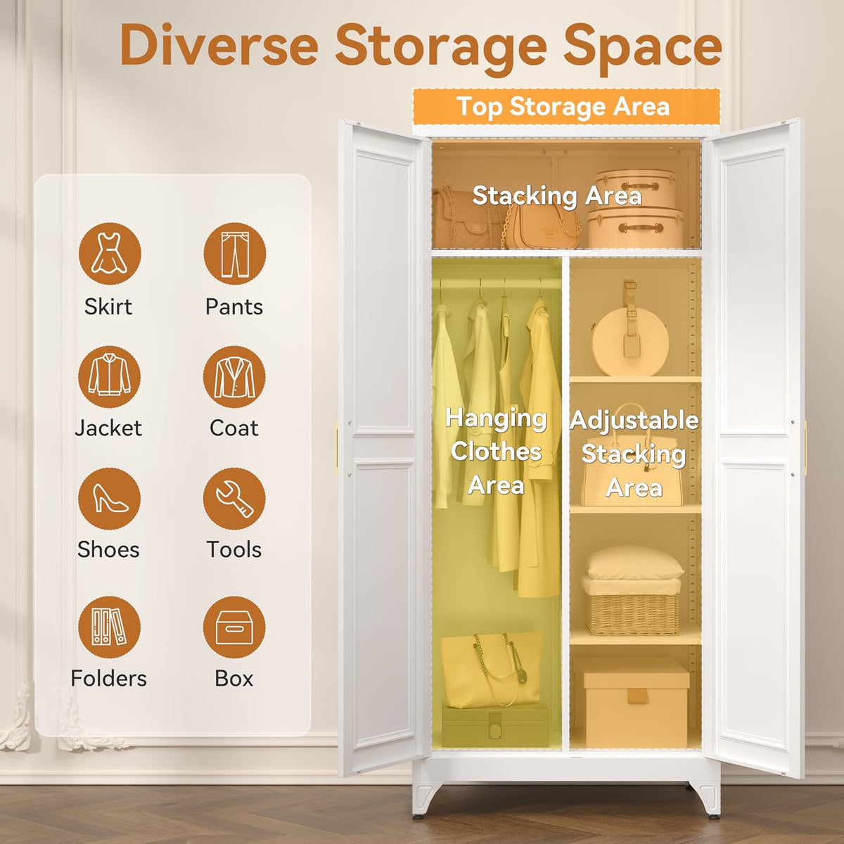 Polup Metal Armoire Wardrobe Closet, 71" Tall Wardrobe Cabinet with 2 Doors | Heavy Duty Steel Clothing Storage Cabinet with Hanging Rod & 3 Adjustable Shelves for Bedroom, Office, Broom Closet, White