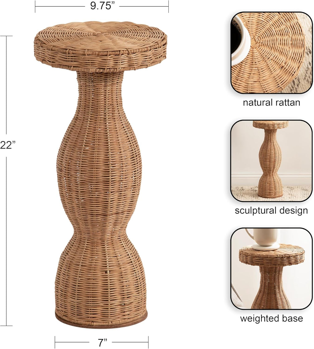 Kate and Laurel Sula Modern Woven Rattan Round Drink Table, 10 x 10 x 22, Natural Rattan, Boho Sculptural Circle Mini Table for Use as Indoor Plant Stand or Living Room Accent Table