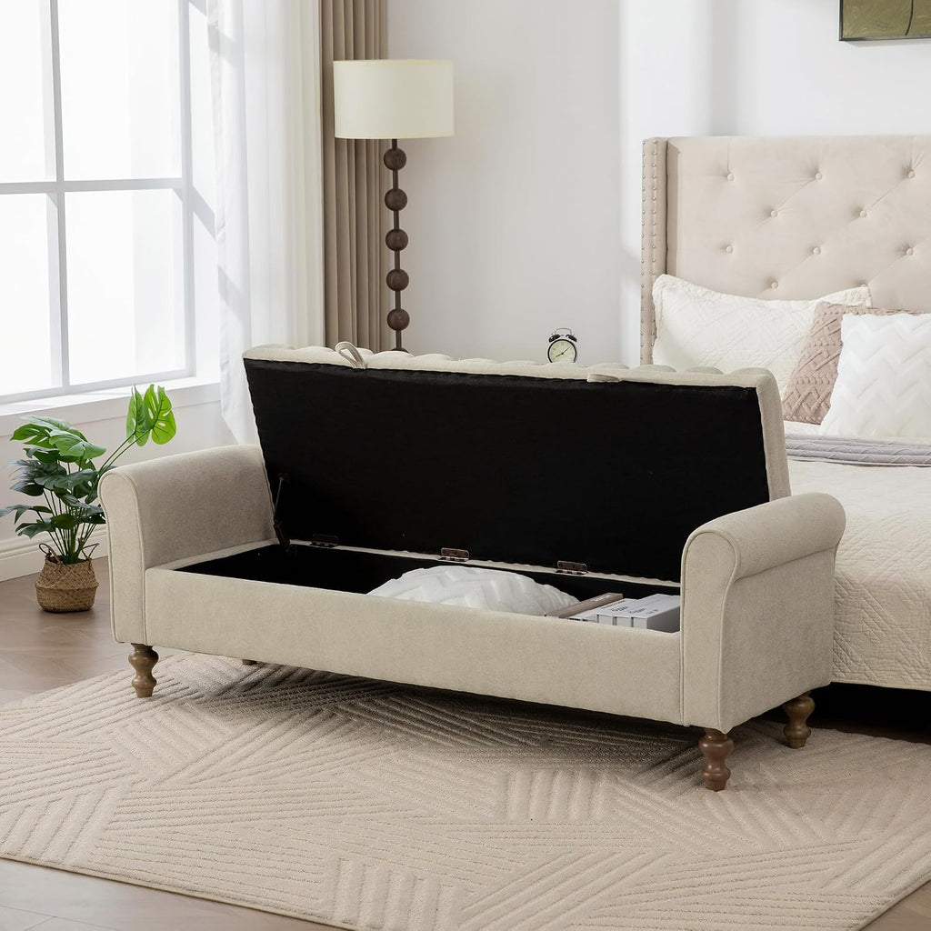 KEIKI 65.6" Modern Upholstered Storage Bench with Double Lids, Ottoman with Storage, Ottoman Bench with Rolled Armrest, Rubberwood Legs, for Bedroom, Living Room, Entryway & Window, Griege