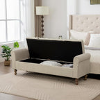 KEIKI 65.6" Modern Upholstered Storage Bench with Double Lids, Ottoman with Storage, Ottoman Bench with Rolled Armrest, Rubberwood Legs, for Bedroom, Living Room, Entryway & Window, Griege