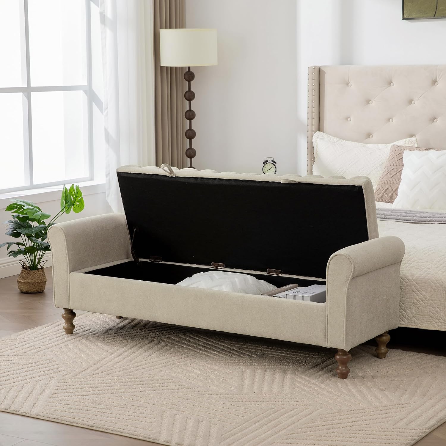 KEIKI 65.6" Modern Upholstered Storage Bench with Double Lids, Ottoman with Storage, Ottoman Bench with Rolled Armrest, Rubberwood Legs, for Bedroom, Living Room, Entryway & Window, Griege