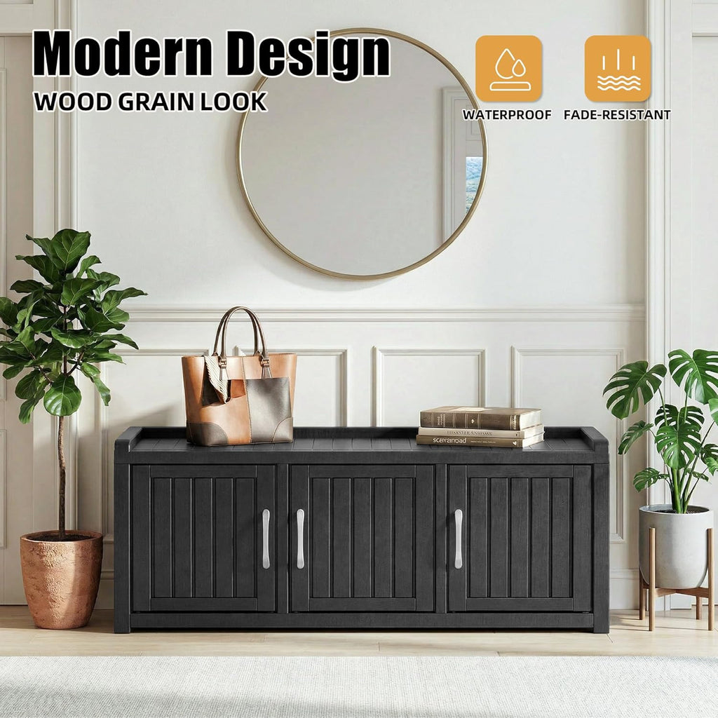 EFU Shoe Bench with Storage, Shoe Cabinet Indoor Outdoor with Adjustable Shelves, Waterproof Shoe Organizer with 3 Doors for Entryway, Bedroom, Living Room (Black)