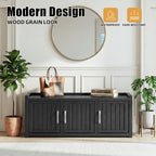 EFU Shoe Bench with Storage, Shoe Cabinet Indoor Outdoor with Adjustable Shelves, Waterproof Shoe Organizer with 3 Doors for Entryway, Bedroom, Living Room (Black)
