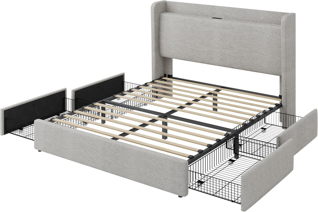 SHA CERLIN Queen Size Storage Bed Frame with 4 Oversized Drawers, Modern Wingback Headboard with Storage Shelf & Charging Station, No Box Spring Needed, Easy Assembly, Light Beige