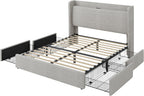 SHA CERLIN Queen Size Storage Bed Frame with 4 Oversized Drawers, Modern Wingback Headboard with Storage Shelf & Charging Station, No Box Spring Needed, Easy Assembly, Light Beige