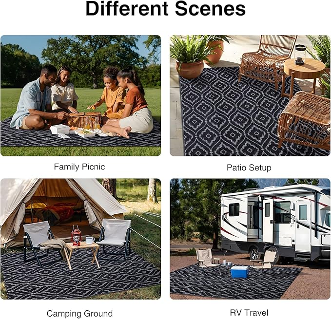 OLANLY Outdoor Rug 5x8 ft Waterproof, Outdoor Plastic Straw Rug with Geometric Pattern Clearance, Reversible RV Mat for Patio, Camping, Balcony, Deck, Backyard, Black & Beige