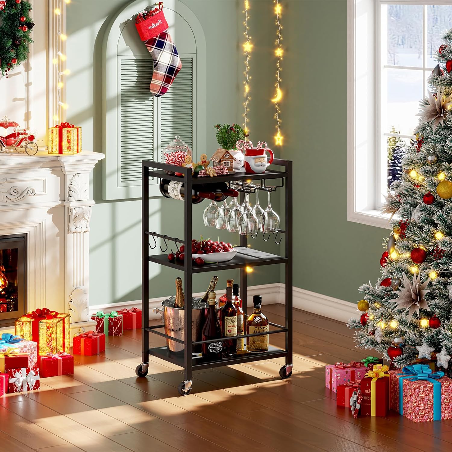 TUTOTAK Bar Cart with Wheels, Mini Drink Cart with Wine Rack & Glass Holder | 3-Tier 17 Inch Wide Home Bar Serving Carts, Small Mobile Kitchen Shelf with 6 Hooks, Black V1BC01BK035
