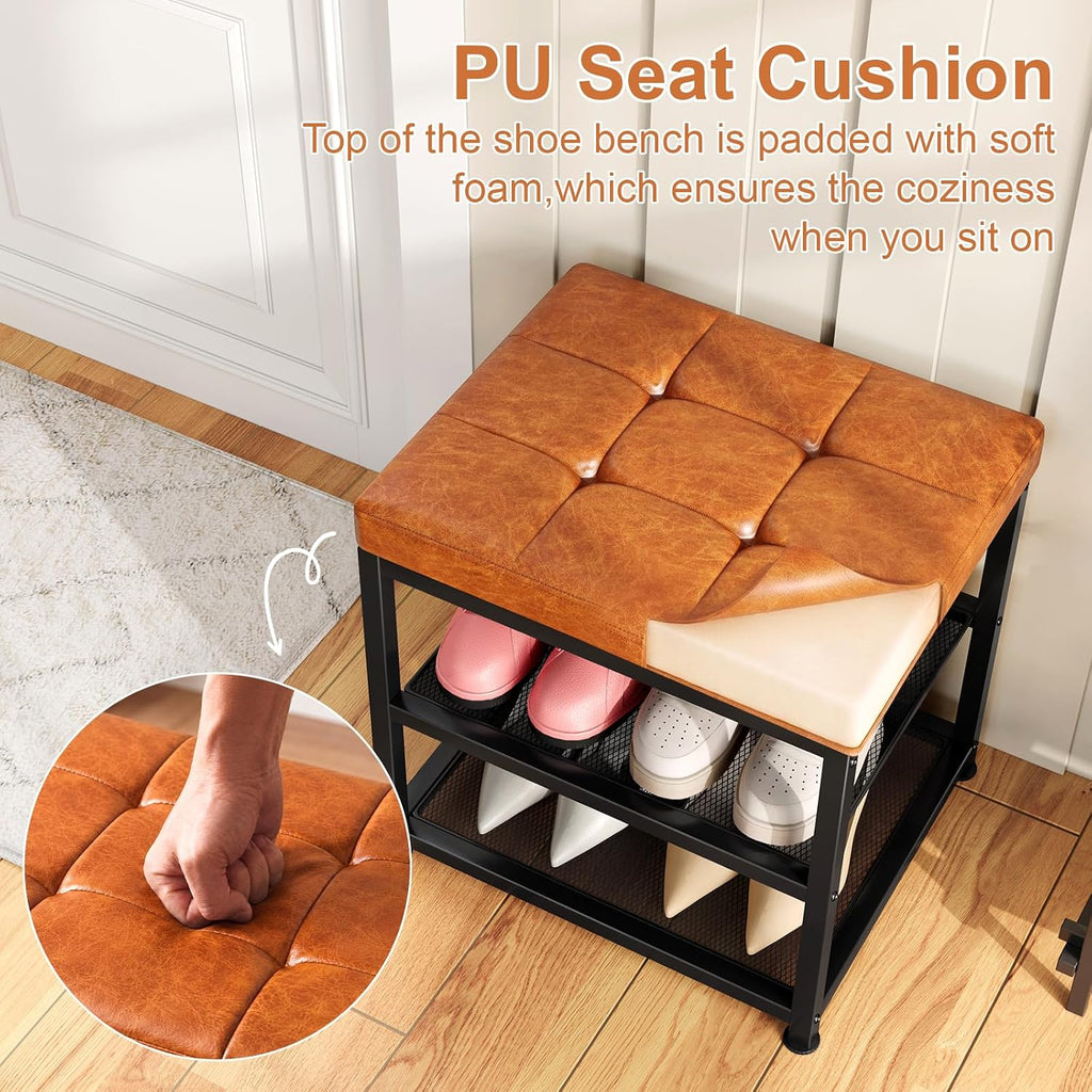 Small Shoe Storage Bench with PU Leather Seat Cushion, 3-Tier Freestanding Shoe Rack Organizer for Entryway, Heavy-Duty Metal Mesh Shelves, Supports Up to 300 lbs, Brown (15.7"x11.4"x17.5")