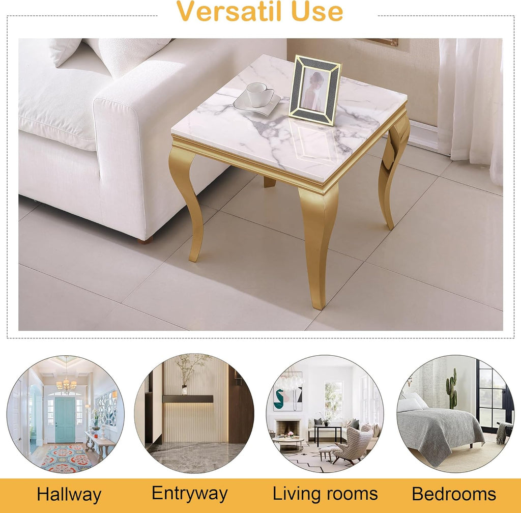 Marble End Table, Modern White Faux Marble Sofa Side Table with Gold Stainless Steel Legs, Luxury Sqaure Accent Side Table Bedside Table Nightstand for Living Room Bedroom Office