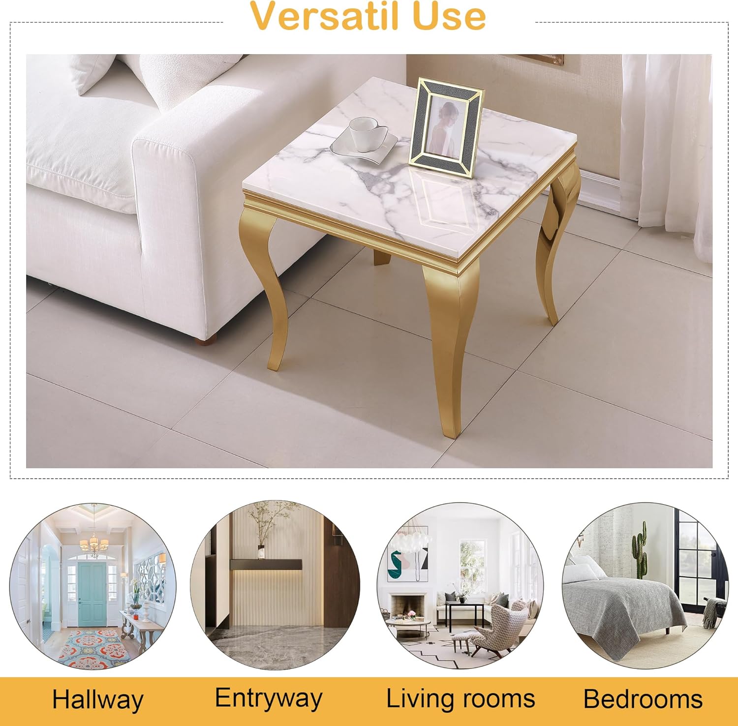 Marble End Table, Modern White Faux Marble Sofa Side Table with Gold Stainless Steel Legs, Luxury Sqaure Accent Side Table Bedside Table Nightstand for Living Room Bedroom Office