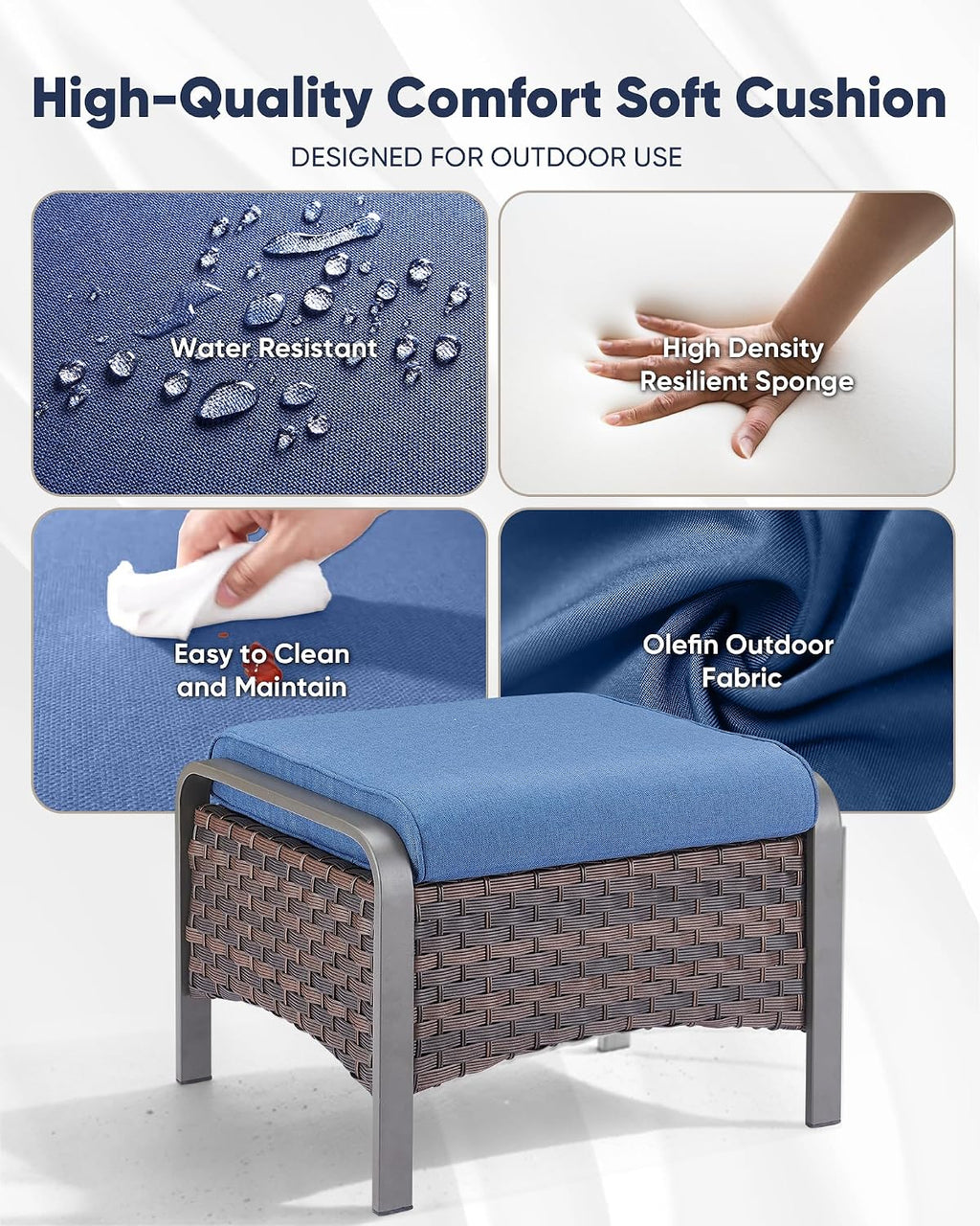 HUMMUH 2 Pieces Outdoor Wicker Ottomans-Outdoor Patio Ottoman with Removable Cushion Outdoor Footstool for Deck Lawn Porch Garden Backyard-Brown/Blue