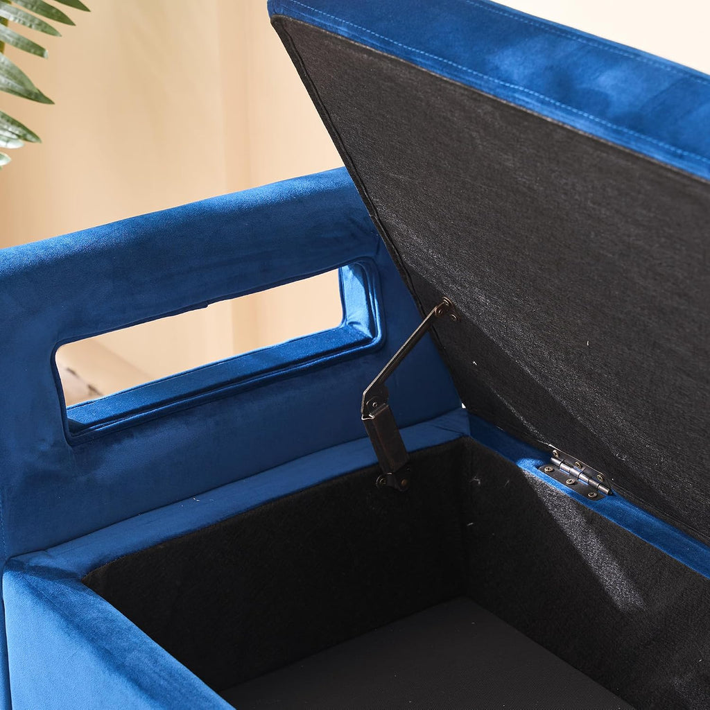 GDFStudio Velvet Storage Bench with Hidden Compartment - Upholstered Ottoman for Entryway, Bedroom, Living Room - Soft Foam Cushion, Sturdy Silver Metal Legs, Easy Assembly - Navy Storage Seat