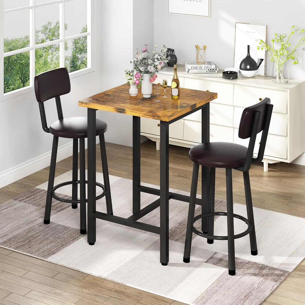 Recaceik 3 Piece Pub Dining Set, Modern bar Table and Stools for 2 Kitchen Counter Height Wood Top Bistro Easy Assemble for Breakfast Nook Living Room Small Space Restaurant, Rustic Brown 24”