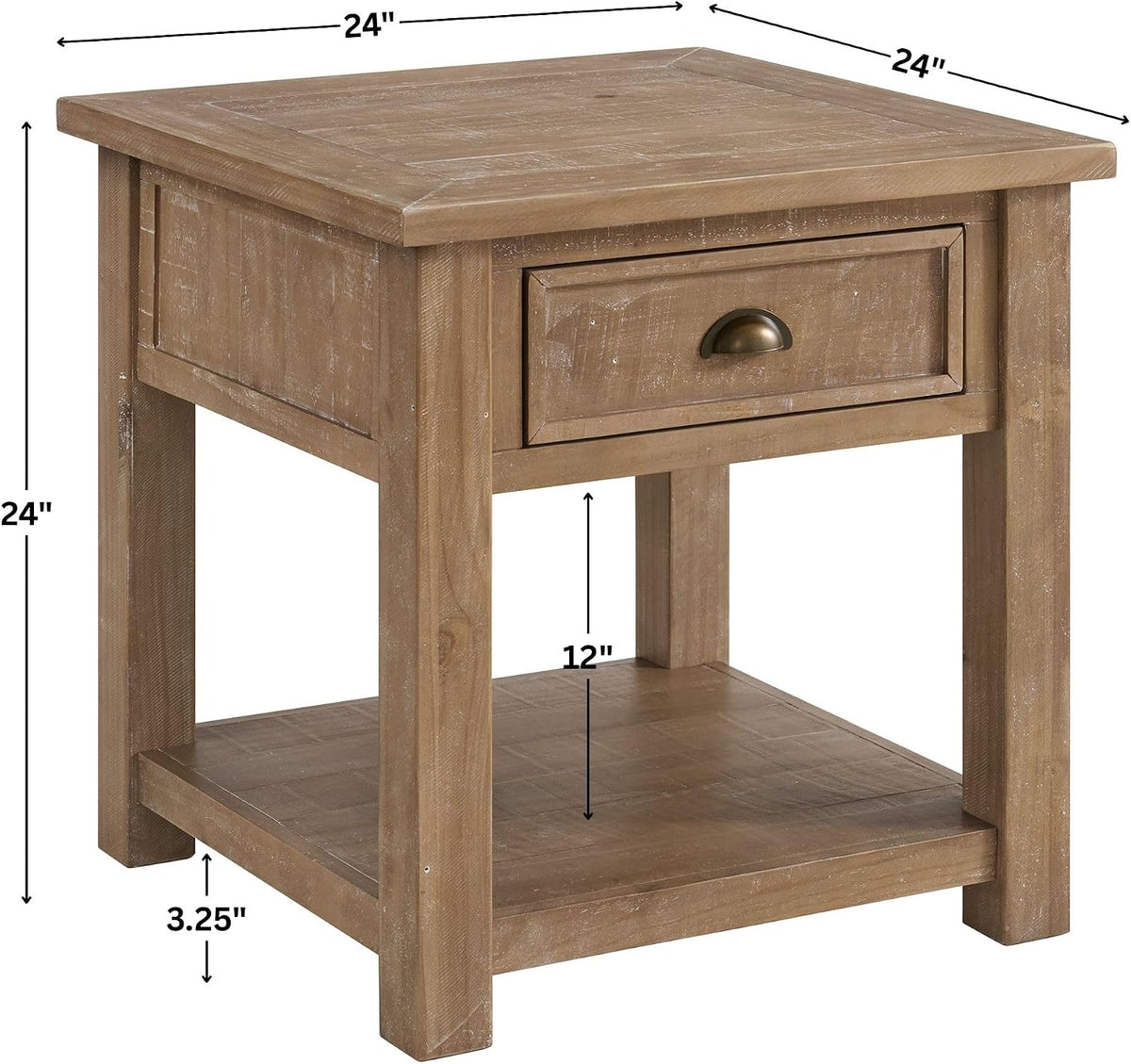 Monterey Farmhouse Rustic End Table, Solid Pine Wood Coastal Side Table with Drawer and Shelf. Driftwood.