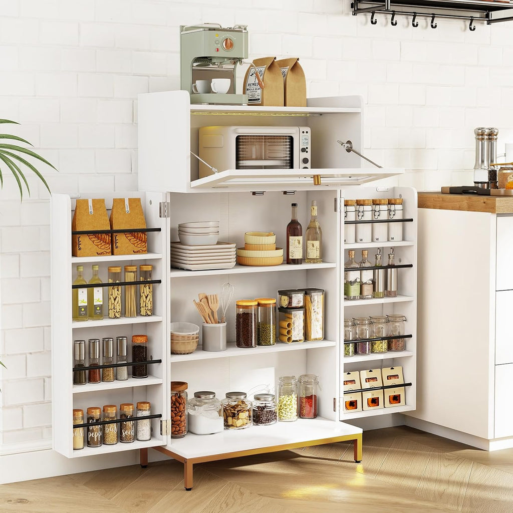 LOKO Kitchen Pantry Cabinet, Freestanding Food Storage Cupboard with Power Outlet & APP Control LED Lights, Modern Buffet Sideboard with Acrylic Flip Door & Shelves for Dining Room, White and Gold