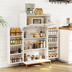 LOKO Kitchen Pantry Cabinet, Freestanding Food Storage Cupboard with Power Outlet & APP Control LED Lights, Modern Buffet Sideboard with Acrylic Flip Door & Shelves for Dining Room, White and Gold