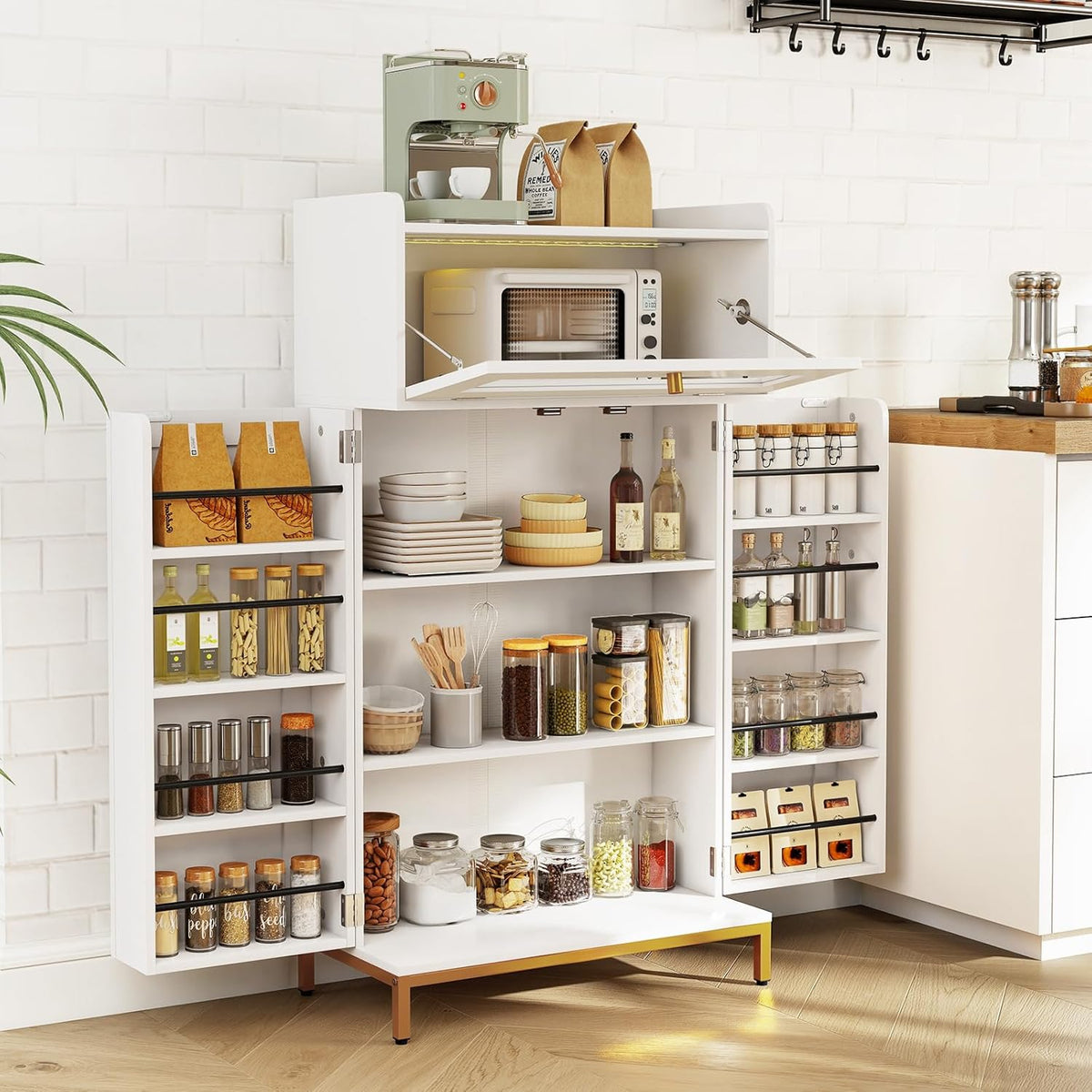 LOKO Kitchen Pantry Cabinet, Freestanding Food Storage Cupboard with Power Outlet & APP Control LED Lights, Modern Buffet Sideboard with Acrylic Flip Door & Shelves for Dining Room, White and Gold