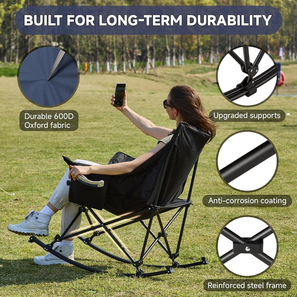 Youtanic Oversized Folding Rocking Camping Chair, Padded Portable Rocking Chair with Pockets, Cup Holder and Carry Bag, Heavy Duty Outdoor Rocker Patio Chair for Garden, Lawn, Up to 400lbs, Navy Blue