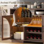 71" Tall Pantry Cabinet with Power Outlet & Pegboard, Kitchen Hutch Storage Cabinet with Arched Fluted Glass Doors, LED Lights, Wine Rack, Baskets & Adjustable Shelves, Brown