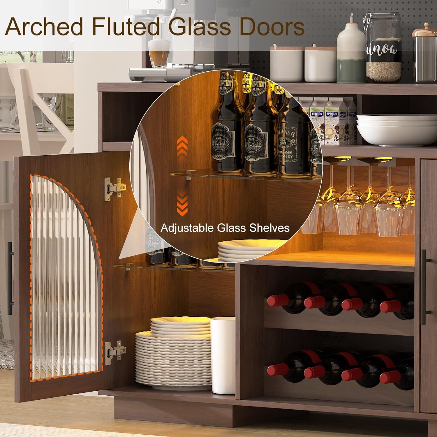 71" Tall Pantry Cabinet with Power Outlet & Pegboard, Kitchen Hutch Storage Cabinet with Arched Fluted Glass Doors, LED Lights, Wine Rack, Baskets & Adjustable Shelves, Brown