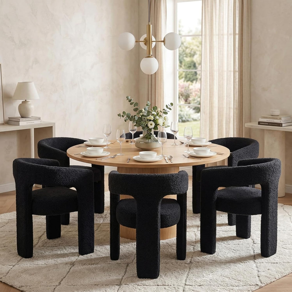 HNY Modern Barrel Kitchen & Dining Room Chairs Set of 6, Sherpa Upholstered Accent Chairs with Arm, 18.5'' Wide Side Armchairs Vanity Chairs for Living Room Bedroom Makeup Small Spaces, Black