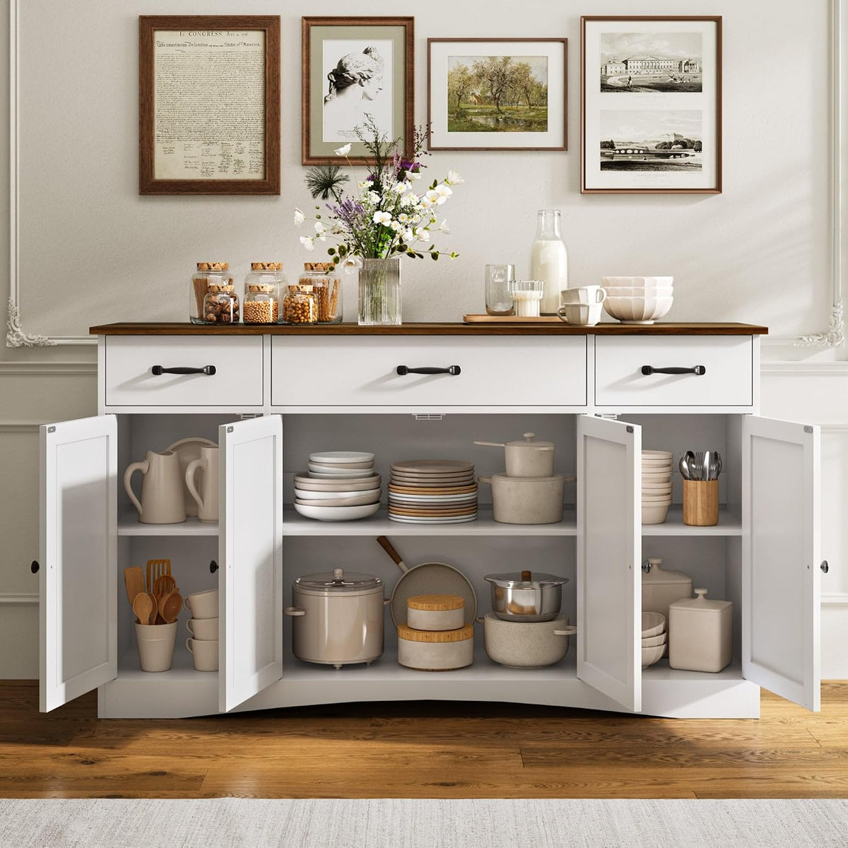 Gizoon Sideboard Buffet Cabinet with Storage, Modern Kitchen Sideboard and Coffee Bar with Drawers and Doors, Wood Buffet Table for Dining Room, 15.2" D x 55.1" W x 31.9" H, White/Rustic Brown