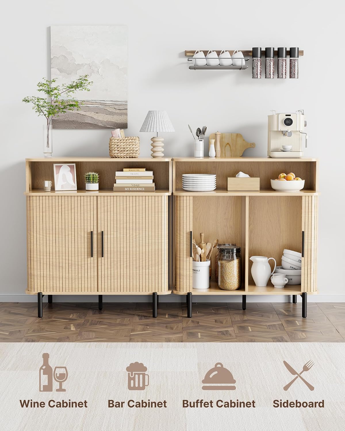 SUNCOZE Buffet Sideboard Cabinet with Big Storage Space, Fluted Coffee Bar Cabinet with Shelves, Modern Wood Console Cabinet for Kitchen, Entryway & Living Room (Wood)
