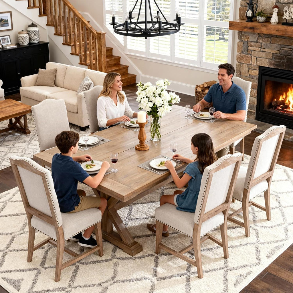 CIMOTA Mid Century Modern Dining Chairs Set of 6, Farmhouse Upholstered Dining Room Chairs Comfortable Kitchen Side Chairs with High Back/Natural Solid Wood Frame, Linen Beige