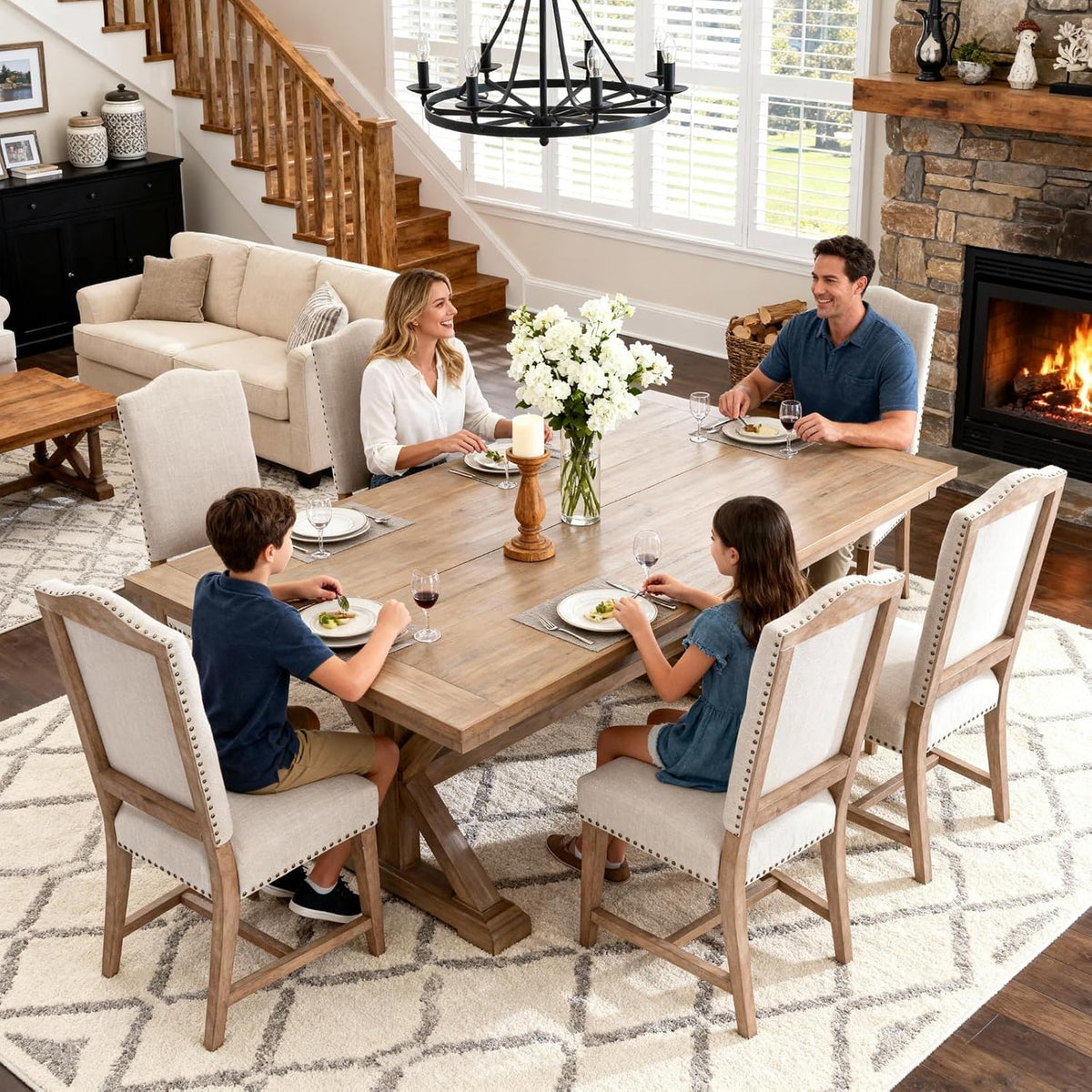CIMOTA Mid Century Modern Dining Chairs Set of 6, Farmhouse Upholstered Dining Room Chairs Comfortable Kitchen Side Chairs with High Back/Natural Solid Wood Frame, Linen Beige