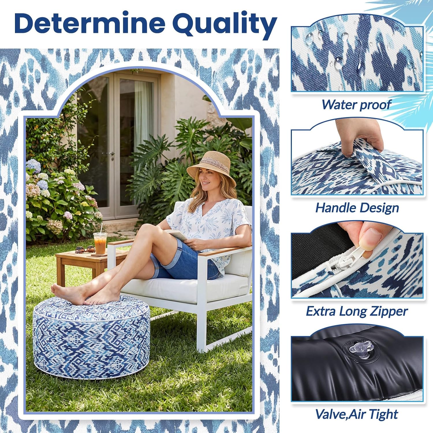 Cinnvoice 2 Pcs Inflatable Outdoor Ottoman Pouf Waterproof Round Footrest with Handle D21 x H9 Inch Indoor Outdoor Portable Footstool for Patio Garden Camping or Home Pool(Diamond Stripes)