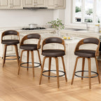 REONEY Swivel Bar Stools Set of 3, 26" Counter Height, Brown | Walnut Wood Legs, Upholstered Seat, Supportive Backrest, Mid-Century Modern, PU Leather, for Kitchen Island, Bar, Coffee Shop