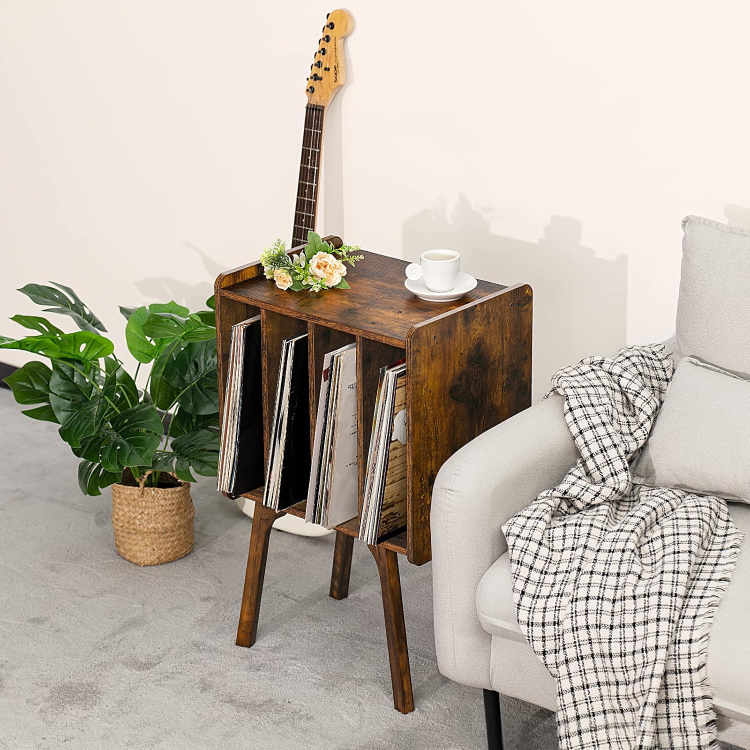LELELINKY Small Record Player Stand, 4 Cabinet Vinyl Storage Table, Brown | Width 11.7 In, Up to 80 Albums, Vinyl Holder with Wood Legs, Turntable Stand Display Shelf for Bedroom and Living Room