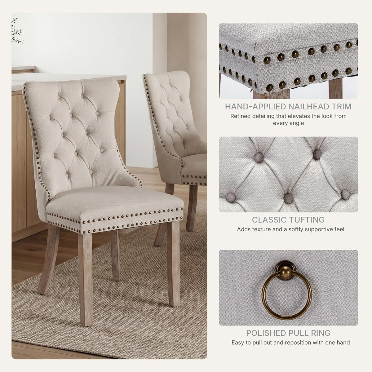 Beige Linen Dining Chairs Set of 4, Fabric Upholstered Kitchen & Dining Room Chair, Tufted Mid Century Modern Dinning Room Chairs, High Back, Wood Legs, Sillas de Comedor