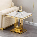 1 Piece Living Room End Table Luxury Faux Marble Sofa Side Table, Modern White Gold End Table with U-Shape Stainless Steel Pedestal Base