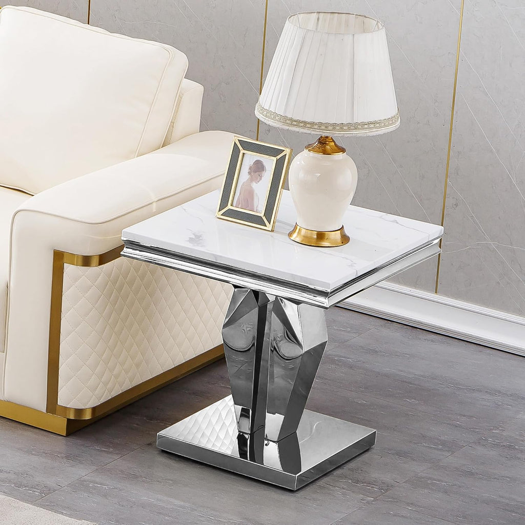 Modern Marble End Table, Sqaure Sofa Side Table with Silver Mirrored Stainless Steel Base Luxury White Faux Marble Accent End Table Bedside Table Nightstand for Living Room Bedroom