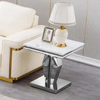 Modern Marble End Table, Sqaure Sofa Side Table with Silver Mirrored Stainless Steel Base Luxury White Faux Marble Accent End Table Bedside Table Nightstand for Living Room Bedroom