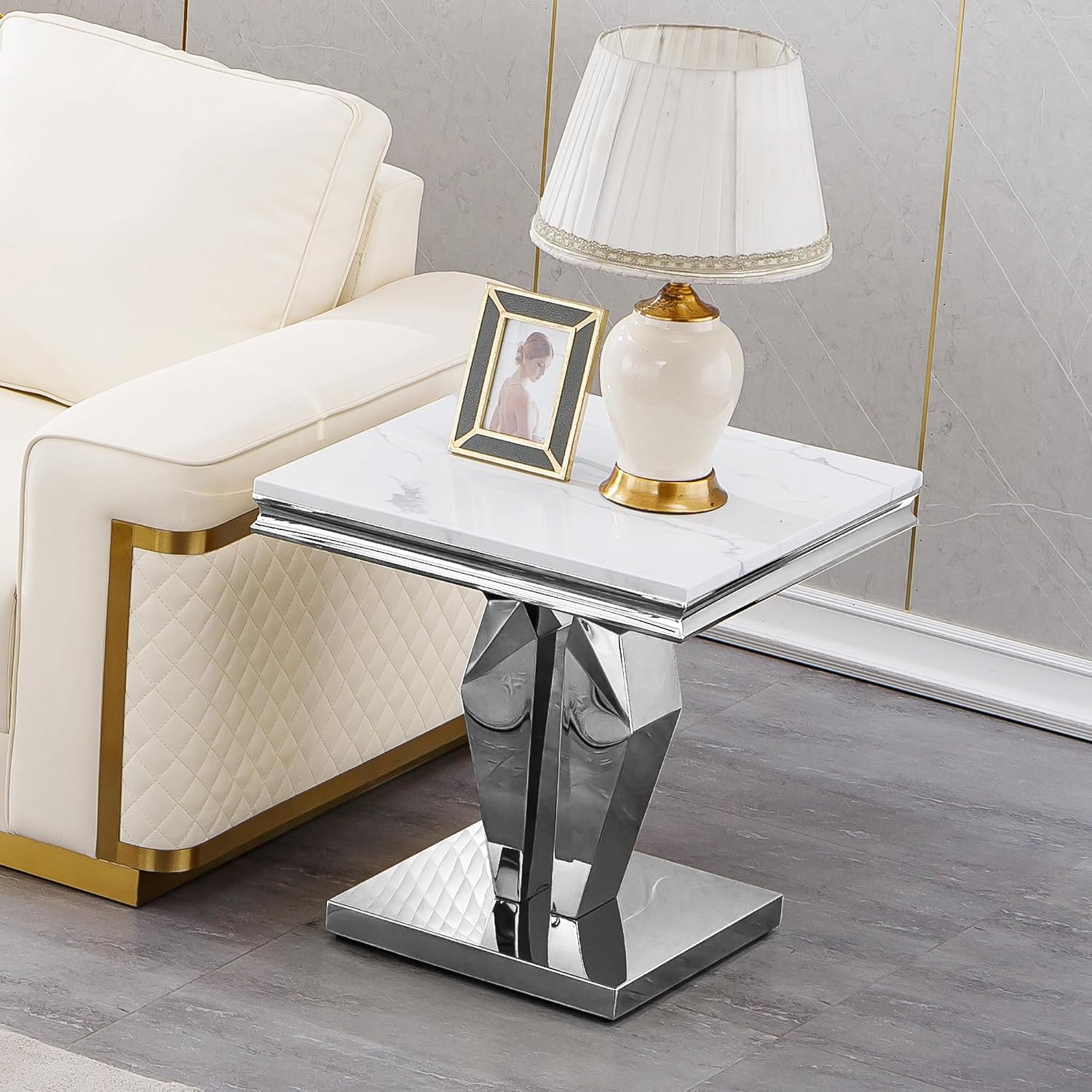 Modern Marble End Table, Sqaure Sofa Side Table with Silver Mirrored Stainless Steel Base Luxury White Faux Marble Accent End Table Bedside Table Nightstand for Living Room Bedroom