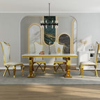 ACEDÉCOR 7 Piece Dining Table Set, Luxury White and Gold Kitchen and Dining Room Set for 6, Metal Circling Base Dining Table Set with White Leather Upholstered Dining Chairs