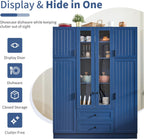 Merax Modern Large Kitchen Pantry with 6 Doors, 53.2''Lx17.7''W Storage Cabinet Cupboard with Drawers, Adjustable Shelves, Pull-Out Trays and Wine Rack for Dining Room, Blue